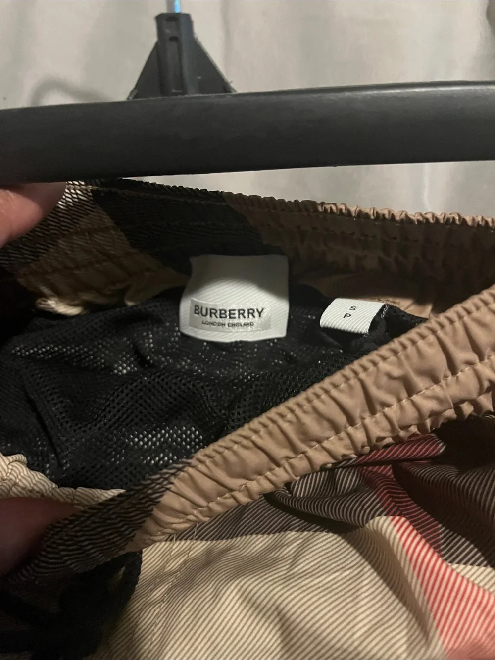 Burberry Beige Plaid Swim Board Shorts with Red Stripe